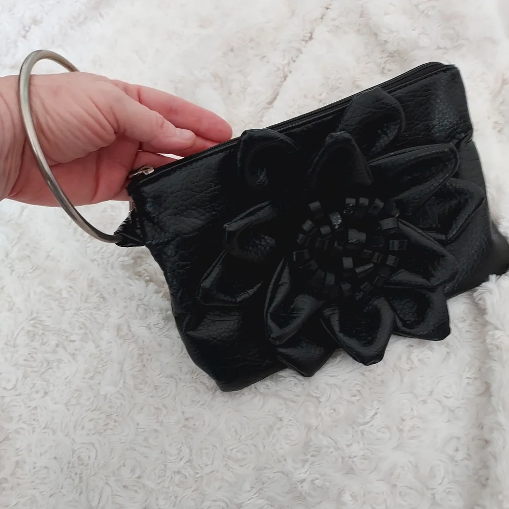Giannini Black faux leather wrist bag Purse 3D floral detail Artsy Unique Quirky